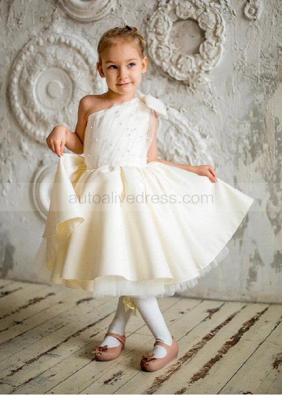 One Shoulder Ivory Pearl Beaded Flower Girl Dress